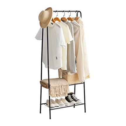 Derins Garderobenständer Kleiderständer Schmal mit 2 Ablage, Garderobe Wäscheständer Kleiderstange mit Schuhregal, Platzsparend Ständer für Schlafzimmer, Flur, Eingangsbereich, Schwarz