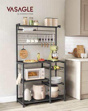 Derins Küchenregal, Standregal, Regal, Arbeitsplatte Küche, Kücheninsel mit Magnetleiste für Messer, Drahtkorb, Küchenrollenhalter, 12 Haken, ebenholzfarben-schwarz KKS026B42