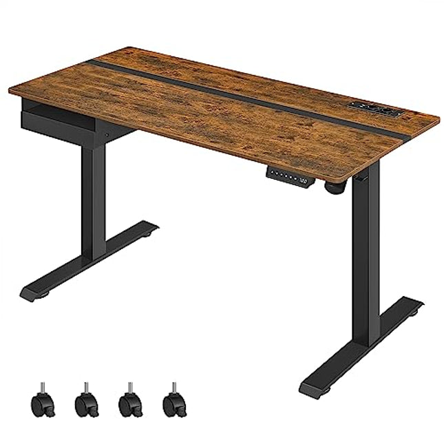 Derins Höhenverstellbarer Schreibtisch elektrisch, mit Steckdose und Schublade, 60 x 140 cm Tischoberfläche, stufenlos verstellbar, Memory-Funktion mit 4 Höhen, vintagebraun-schwarz LSD114X01