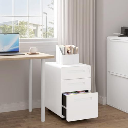 Derins Aktenschrank, Rollcontainer mit 3 Schubladen, Büroschrank unter Schreibtisch, Schubladenschrank abschließbar, Rollschrank mit Hängeregistratur, für Akten Dokumente, weiß, ASK04ws