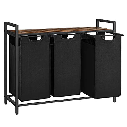 Derins Wäschekorb 3 Fächer, Wäschesammler mit Ablage, Wäschebox, Wäschesack aus Oxford-Gewebe ausziehbar abnehmbar, Metallrahmen, 3 x 38 L, 92,5 x 33 x 72 cm, vintagebraun-schwarz BLH301B01