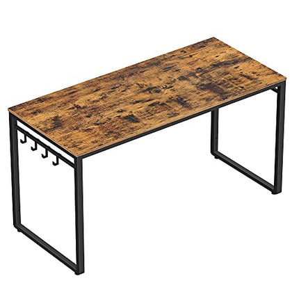 Derins Schreibtisch, Computertisch, Bürotisch mit 8 Haken, 140 x 60 x 75 cm, Arbeitszimmer, Homeoffice, Büro, einfacher Aufbau, Metall, Industrie-Design, vintagebraun-schwarz LWD59X