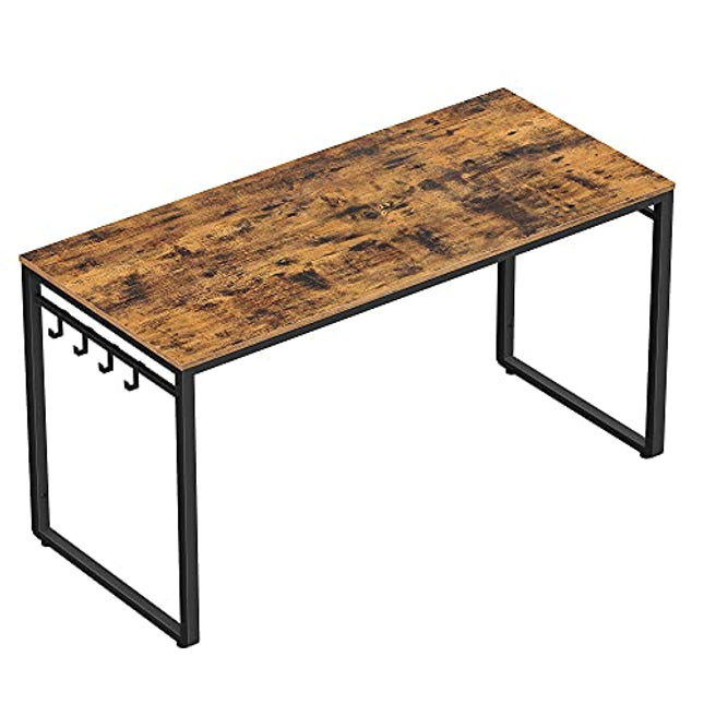 Derins Schreibtisch, Computertisch, Bürotisch mit 8 Haken, 140 x 60 x 75 cm, Arbeitszimmer, Homeoffice, Büro, einfacher Aufbau, Metall, Industrie-Design, vintagebraun-schwarz LWD59X