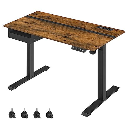 Derins Höhenverstellbarer Schreibtisch elektrisch, mit Steckdose und Schublade, 60 x 120 cm Tischoberfläche, stufenlos verstellbar, Memory-Funktion mit 4 Höhen, vintagebraun-schwarz LSD112X01
