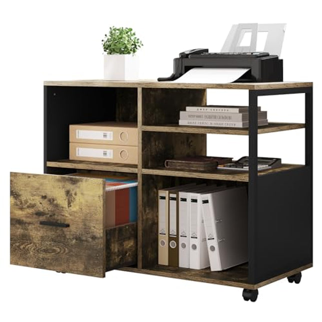 Derins Aktenschrank, Rollcontainer mit Schublade, Büroschrank, Druckertisch auf Rollen, Hängeregisterschrank, Rollschrank, Bürocontainer, mit offenen Fächern, für Dokumente, Vintage Braun, ASK05hov