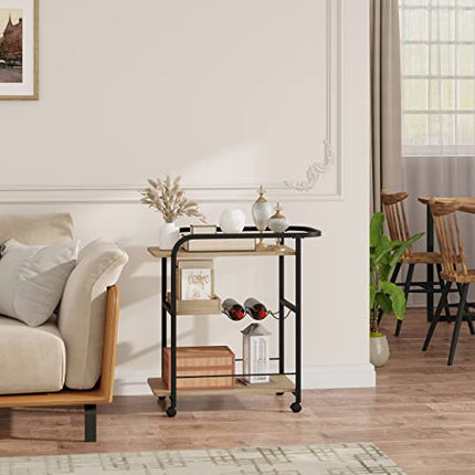 Derins Servierwagen, Küchenwagen auf Rollen, Rollwagen mit 3 Ablagen, Küchenregal mit Arbeitsplatte Griff 2 Bremsen Getränkeregal, aus Metall Holzwerkstoff, Helle Eiche Schwarz RW049she