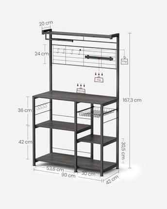 Derins Küchenregal, Standregal, Regal, Arbeitsplatte Küche, Kücheninsel mit Magnetleiste für Messer, Drahtkorb, Küchenrollenhalter, 12 Haken, ebenholzfarben-schwarz KKS026B42