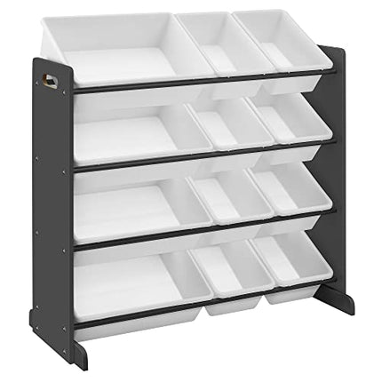Derins Kinderzimmerregal, Spielzeug-Organizer, Standregal für Kinder, mit 12 Aufbewahrungsboxen aus PP-Kunststoff, Kinderzimmer, Schule, Kindergarten, 86 x 26,5 x 78 cm, dunkelgrau-weiß GKR04GY