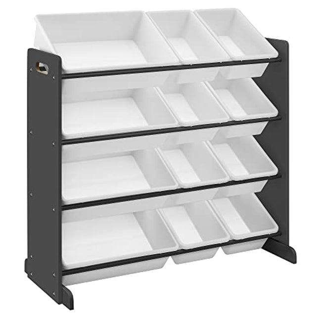 Derins Kinderzimmerregal, Spielzeug-Organizer, Standregal für Kinder, mit 12 Aufbewahrungsboxen aus PP-Kunststoff, Kinderzimmer, Schule, Kindergarten, 86 x 26,5 x 78 cm, dunkelgrau-weiß GKR04GY