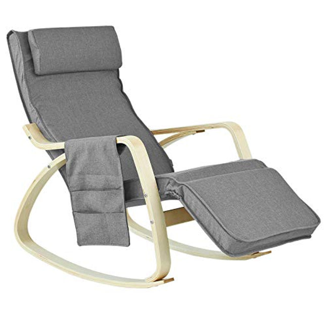 Derins FST18-DG Schaukelstuhl mit Tasche 5-Fach verstellbares Fußteil Schwingsessel Relaxsessel Belastbarkeit 150kg Birkenholz dunkelgrau