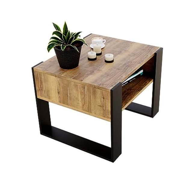 Derins Couchtisch rechteckiger Kaffeetisch aus Holz Modern Teetisch 65 x 53,6 45cm massiv und stabil (Halifax Eiche/Schwarz)