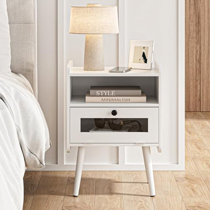 Derins Nachttisch, Nachttische mit 1 offenen Ablagen und 1 Schublade, Modern Nachtschrank, Boho Nachtkommode mit Glas Dekorative Tür für Schlafzimmer, Wohnzimmer, Weiß