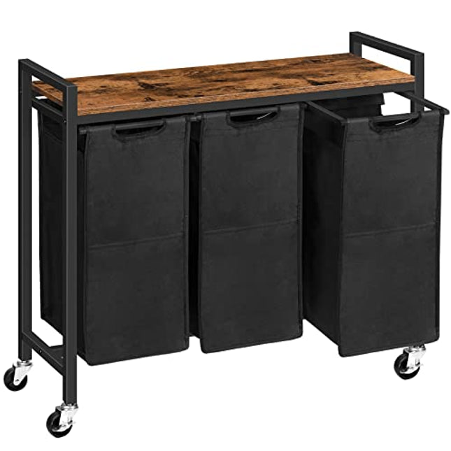 Derins Wäschekorb 3 Fächer, Wäschesammler mit Ablage, Wäschebox, Wäschewagen, 3 x 39,8 L, Wäschesack aus Oxford-Gewebe, 84 x 33 x 74,5 cm, Vintagebraun-Schwarz EBF38XY01G1