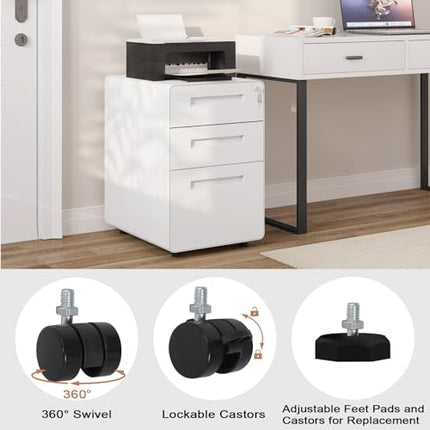 Derins Aktenschrank, Rollcontainer mit 3 Schubladen, Büroschrank unter Schreibtisch, Schubladenschrank abschließbar, Rollschrank mit Hängeregistratur, für Akten Dokumente, weiß, ASK04ws
