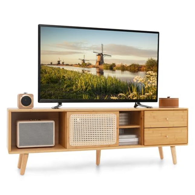 Derins TV Schrank Bambus, TV Lowboard mit Rattan- & Glasschiebetüren, Fernsehtisch mit 2 Schubladen, Fernsehschrank für TVs bis 65 Zoll, für Wohnzimmer, 140 x 31 x 45,5 cm