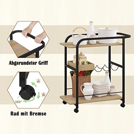 Derins Servierwagen, Küchenwagen auf Rollen, Rollwagen mit 3 Ablagen, Küchenregal mit Arbeitsplatte Griff 2 Bremsen Getränkeregal, aus Metall Holzwerkstoff, Helle Eiche Schwarz RW049she