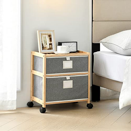 Derins Bambus Beistelltisch Noorliit mit 2 Schubladen Nachttisch mit Stauraum Regal mit Körben rollbar Natur/Grau