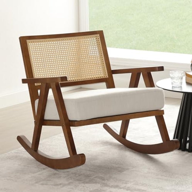 Derins Schaukelstuhl Holz Schaukelsessel Rattan geflochtene Rückenlehne, Akzentstuhl Loungesessel mit Leinen für Kinderzimmer/Wohnzimmer,Walnuss