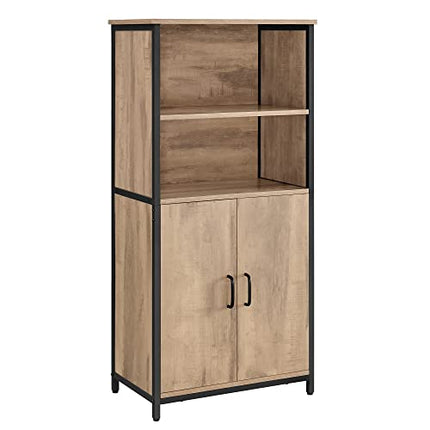 Derins Küchenschrank, Bücherregal, 2 offene Fächer, Schrank mit verstellbaren Ablagen, Bücherschrank mit Türen, Stahlrahmen, für Wohnzimmer, Küche, Arbeitszimmer, eichenbraun-schwarz LSC066B50
