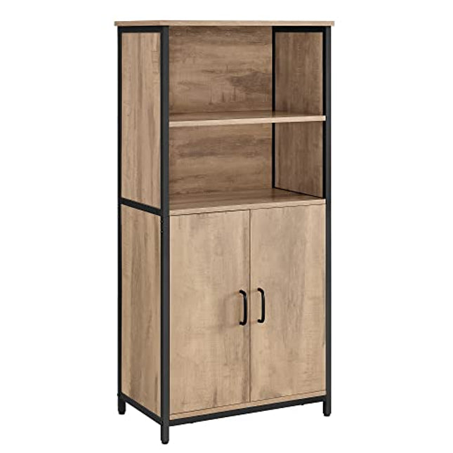 Derins Küchenschrank, Bücherregal, 2 offene Fächer, Schrank mit verstellbaren Ablagen, Bücherschrank mit Türen, Stahlrahmen, für Wohnzimmer, Küche, Arbeitszimmer, eichenbraun-schwarz LSC066B50