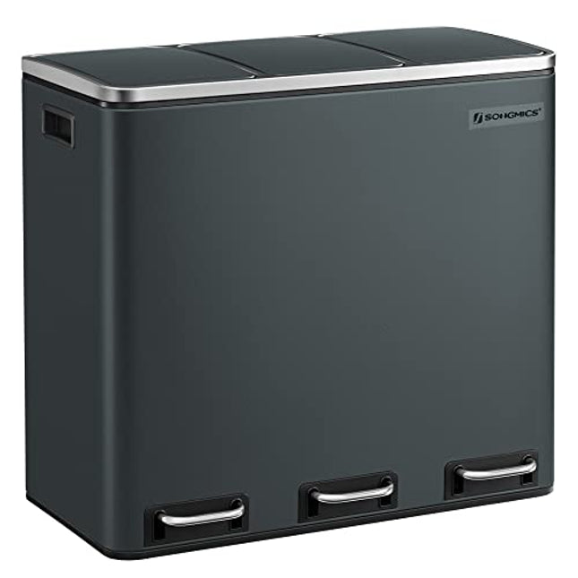 Derins Mülleimer für die Mülltrennung mit 3 Säcken, 3 x 18 Liter, Mülleimer mit 3 Fächern, Deckel mit langsamem Verschluss, mit Inneneimern und Griffen, für Küche, Anthrazit-Grau LTB54GS