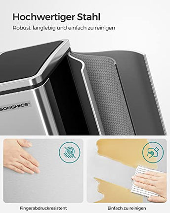 Derins  Mülleimer mit 2 Behältern, 2 x 15 l, Doppelmülleimer, 2 Fächer, mit Inneneimer und Griffen, für Küche, langsamer Verschluss, luftdicht, silberfarben und schwarz LTB30H