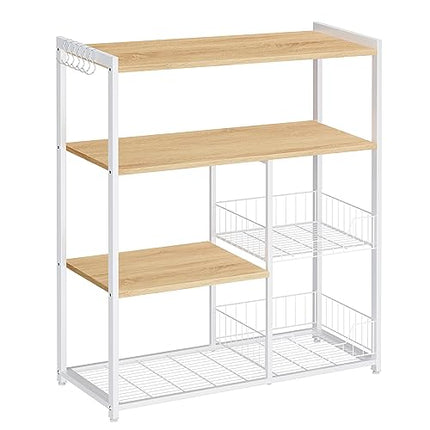 Derins Küchenregal, Standregal mit 2 Metallkörben, Bäckerregal mit Haken und Regalablagen, Mikrowellenregal, 35 x 80 x 95 cm, hellwalnussbraun-weiß KKS096W09