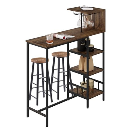 Derins Bartisch mit Barhocker Set, Bistrotisch mit mit 2 Barhockern, Thekentisch mit Weinregal Glashalter, Küchentisch mit 3 Ablagen, runde Barhocker, Industrie-Design, Vintage-Braun+Schwarz