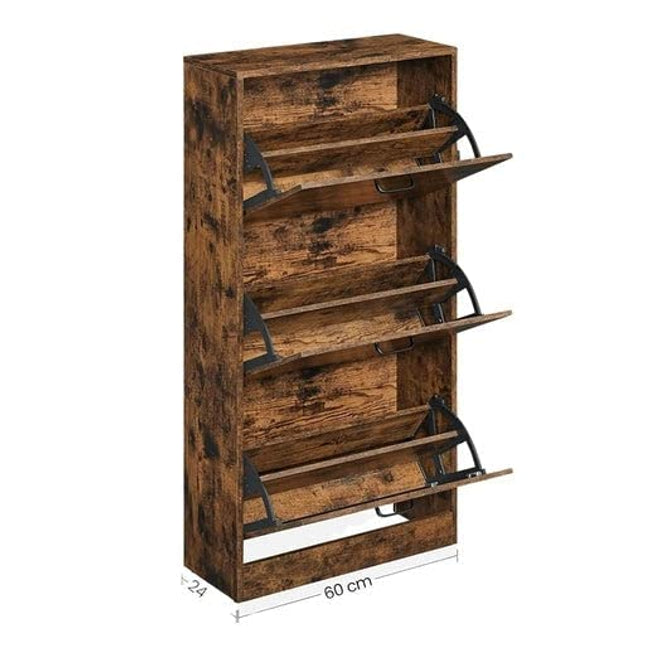 VASAGLE Shoe cabinet with 3 swing doors, 3-layer wooden storage cabinet, perfect for narrow entrance, hall, living room, bedroom, 60 x 24 x 120 cm (lxwxh), rustic brown LBC030x01
