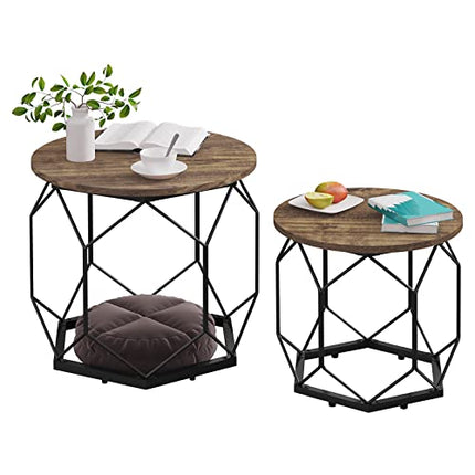 Derins Couchtisch 2er Set, Beistelltisch mit runder Tischplatte, Sofatisch mit hohlem Metallrahmen, Wohnzimmertisch mit Stauraum, aus Holzwerkstoff Metall, Holzoptik Vintage + Schwarz, BTS05hov