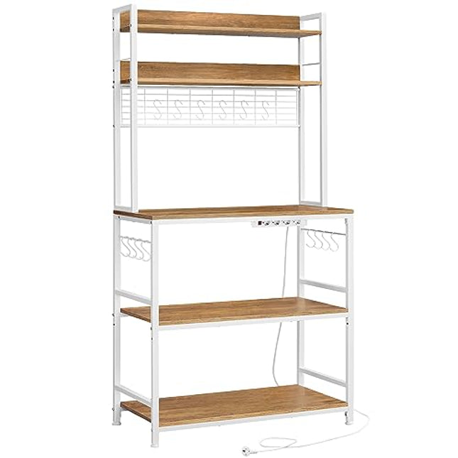 Derins Küchenregal, Standregal mit Steckdosen, Mikrowellen-Regal, mit Gitterplatte, 14 Haken, 40 x 80 x 170 cm, vintagebraun-weiß KKS025W41EU