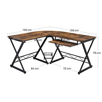 Derins Schreibtisch, großer Computertisch, L-förmiger Eckschreibtisch, PC-Tisch, platzsparend, einfache Montage, 138 x 150 x 75 cm, vintagebraun-schwarz LCD402B01