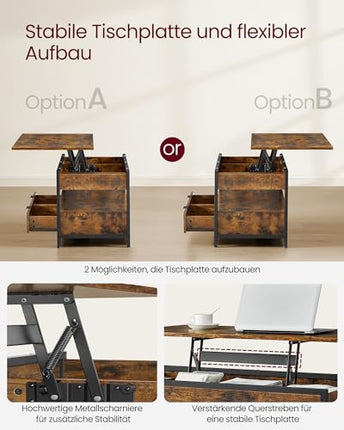 Derins Couchtisch, höhenverstellbarer Wohnzimmertisch, Kaffeetisch, mit Schubladen, offenes Fach, vintagebraun-tintenschwarz LCT209K01