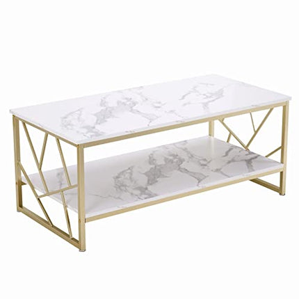 Derins Stubentisch | Couchtisch Gold | Wohnzimmertisch Weiß | MDF Marmor Tisch | Groß Couchtisch Quadratisch | Sofa Tische Wohnzimmer | Couchtisch mit Stauraum | Kaffetisch 110 x 54 cm