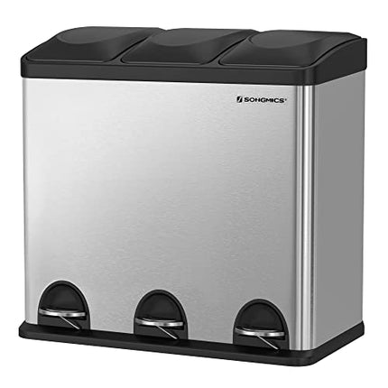 Derins Mülleimer für die Küche, 54 Liter, Abfalleimer, Treteimer mit 3 Fächern, Inneneimern und 6 Aufklebern für Mülltrennung, Mülltrennsystem, 13 x 5,6 x 2,8 cm, silbern-schwarz LTB54L