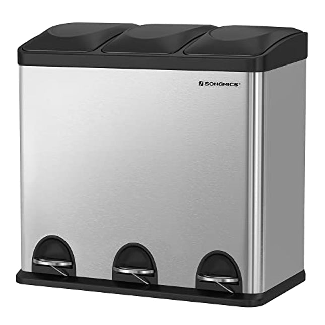 Derins Mülleimer für die Küche, 54 Liter, Abfalleimer, Treteimer mit 3 Fächern, Inneneimern und 6 Aufklebern für Mülltrennung, Mülltrennsystem, 13 x 5,6 x 2,8 cm, silbern-schwarz LTB54L