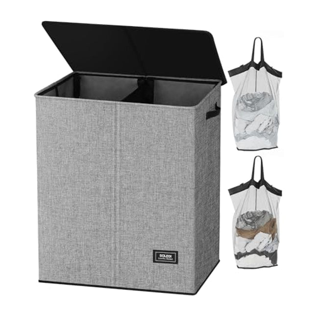 Derins  145L Wäschekorb, Wäschesammler 2 fächer mit Deckel und 2 Wäschesack - Wäschesortierer Groß XXXL Für Badezimmer, Schlafzimmer, Wäschekammer, Kinderzimmer - 2 x 72.5L Grau