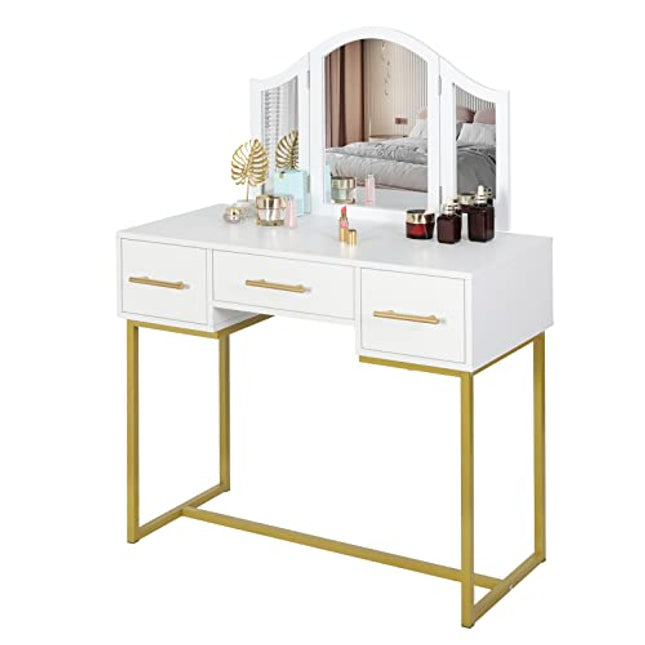 Derins Schminktisch mit 3 Spiegeln, 3 Schubladen, große Tischplatte 94x40x125cm, Kosmetiktisch für Schlafzimmer, Weiß+Gold, MB6093ws