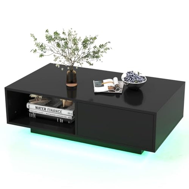 DerinsCouchtisch mit Led & Fernbedienung, 20 Lichtfarben & Helligkeit einstellbar, Beistelltisch mit Schublade & offenem Stauraum, Kaffeetisch, Sofatisch für Wohnzimmer, 95 x 55 x 31cm (Schwarz)