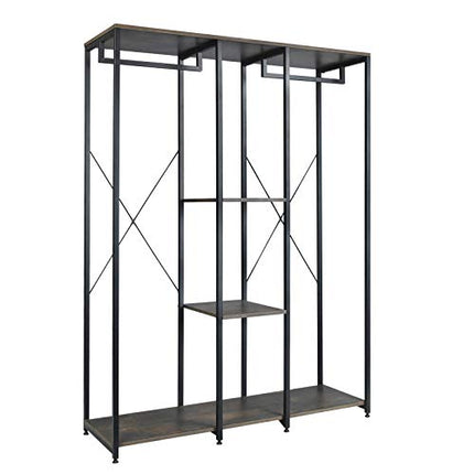 Derins XXXL Kleiderständer Freistehender mit Regal Wäscheständer Kleiderschrank Offener Kleiderstange mit Schuhregal für Schlafzimmer, Holz und Stahl, Schwarz+Rostfarbe SR0048srs