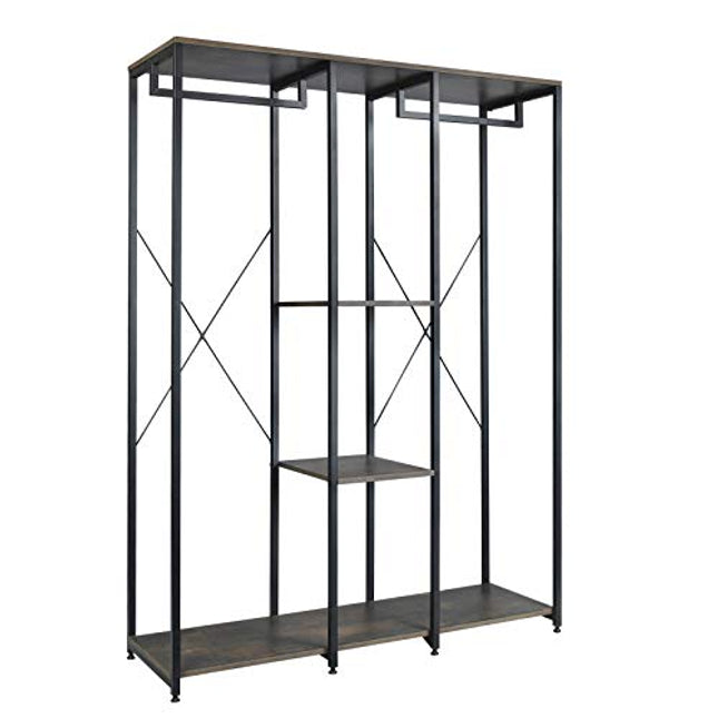 Derins XXXL Kleiderständer Freistehender mit Regal Wäscheständer Kleiderschrank Offener Kleiderstange mit Schuhregal für Schlafzimmer, Holz und Stahl, Schwarz+Rostfarbe SR0048srs