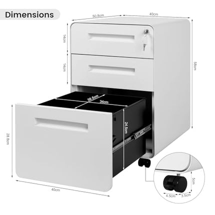 Derins Aktenschrank, Rollcontainer mit 3 Schubladen, Büroschrank unter Schreibtisch, Schubladenschrank abschließbar, Rollschrank mit Hängeregistratur, für Akten Dokumente, weiß, ASK04ws