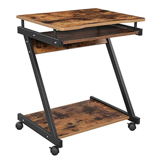 Derins Computertisch in Z-Form, Schreibtisch, kompakter Bürotisch, einfache Montage, Räder mit Bremsen, 54 x 26 cm großer Tastaturauszug, Büro, Arbeitszimmer, vintagebraun-schwarz LCD811X01