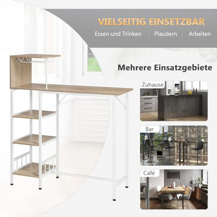 Derins Bartisch, Stehtisch mit Weinregal Glashalter, Küchentisch mit 4 Ablagen, Bistrotisch, Esstisch, Kücheninsel mit Arbeitsplatte, Hochtisch für Bar Theke, Helle Eiche-Weiß, BT37hei