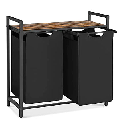 Derins Wäschekorb 2 Fächer, Wäschesammler mit Ablage, Wäschebox, Wäschesack aus Oxford-Gewebe ausziehbar abnehmbar, Metallrahmen, 2 x 46 L, 73 x 33 x 72 cm, vintagebraun-schwarz BLH201B01
