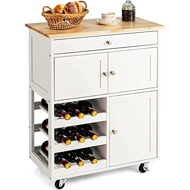 Derins Küchenwagen auf Rollen, Servierwagen mit Schubladen & 3-stöckigem Weinregal & Arbeitsplatte, Küchentrolley Beistellwagen Küchenregal Küchenschrank Rollwagen Kücheninsel Holz (Weiß)