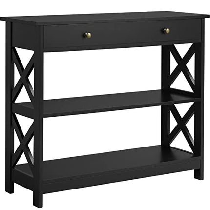 Derins Konsolentisch, Flurtisch mit Schublade und 2-stufigen Ablagefächern, Beistelltisch Holz, Sofatisch mit stabilem X-Rahmen, für Eingang, Flur, Wohnzimmer, 100 x 30 x 80 cm, Schwarz