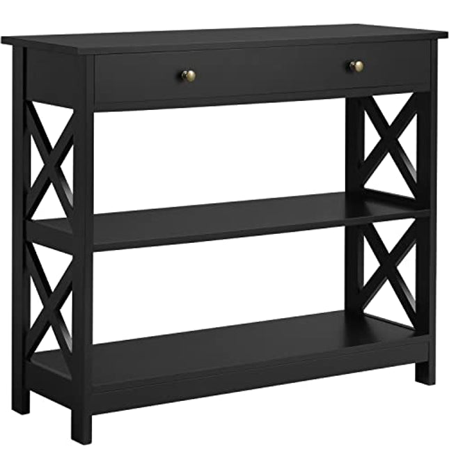 Derins Konsolentisch, Flurtisch mit Schublade und 2-stufigen Ablagefächern, Beistelltisch Holz, Sofatisch mit stabilem X-Rahmen, für Eingang, Flur, Wohnzimmer, 100 x 30 x 80 cm, Schwarz