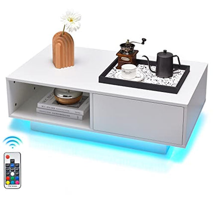 Derins Couchtisch mit Led & Fernbedienung, 20 Lichtfarben & Helligkeit einstellbar, Beistelltisch mit Schublade & offenem Stauraum, Kaffeetisch, Sofatisch für Wohnzimmer, 95 x 55 x 31cm (Weiß)