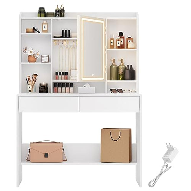 Derins Schminktisch mit LED-Beleuchtung, 3 Farben mit Einstellbarer Helligkeit, Frisiertisch mit Spiegel für Make-up, Kosmetiktisch mit verstellbaren Ablagen, 2 Schubladen, modern, weiß RDT123T14